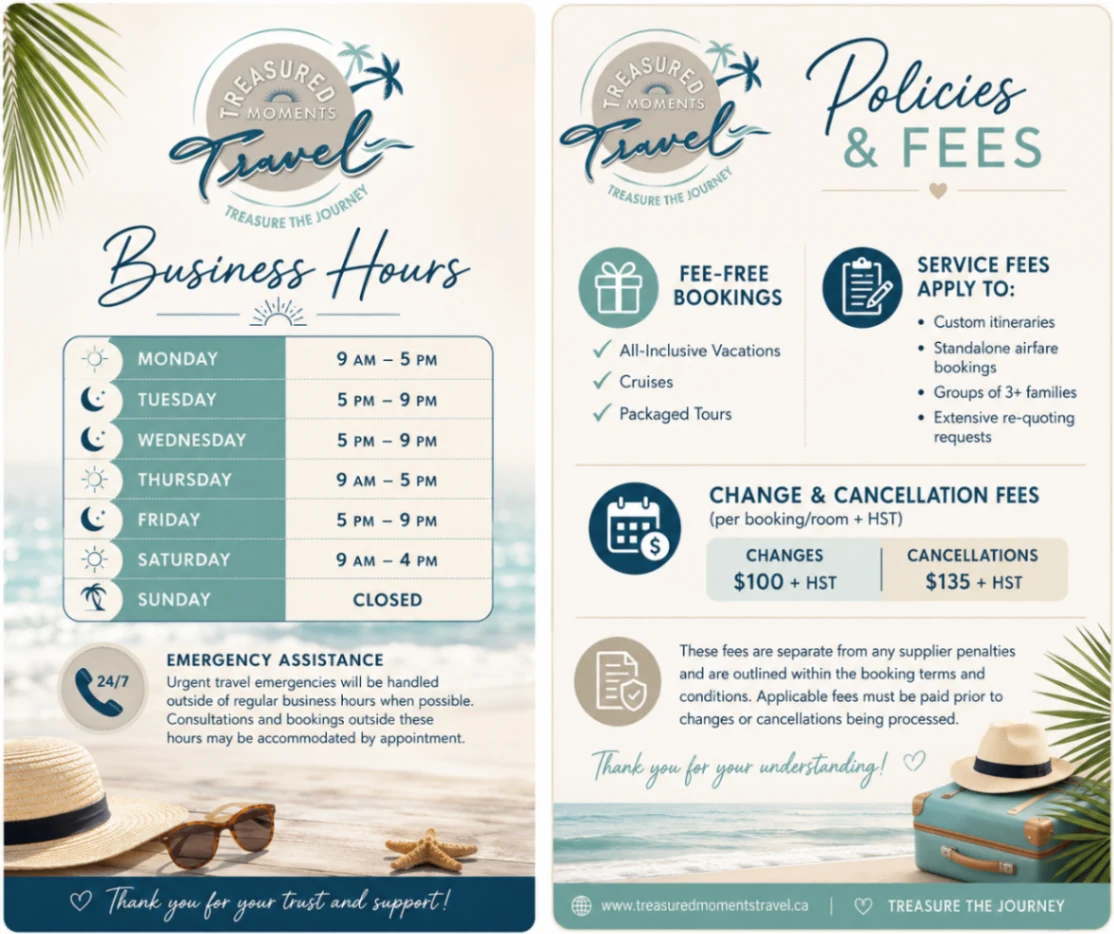 Treasured Moments Travel business hours and booking, change, and cancellation fee policies